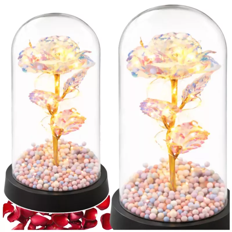 LEAN Rosa eterna em campânula de vidro com iluminação LED de cristal, 21,5 x 11 cm