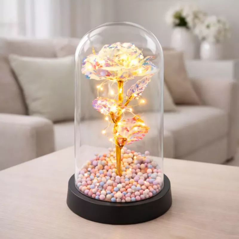 LEAN Rosa eterna em campânula de vidro com iluminação LED de cristal, 21,5 x 11 cm