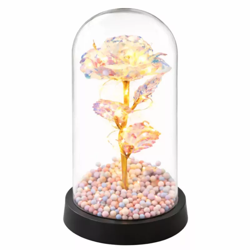 LEAN Rosa eterna em campânula de vidro com iluminação LED de cristal, 21,5 x 11 cm