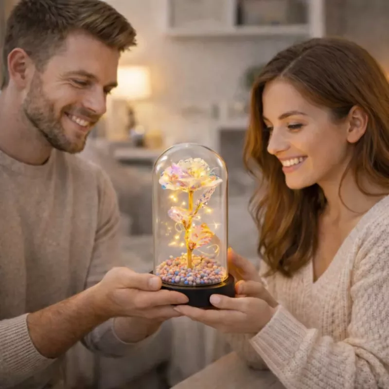 LEAN Rosa eterna em campânula de vidro com iluminação LED de cristal, 21,5 x 11 cm