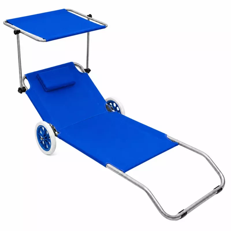 LEAN Cadeira de praia e jardim dobrável com rodas e toldo, alumínio, azul