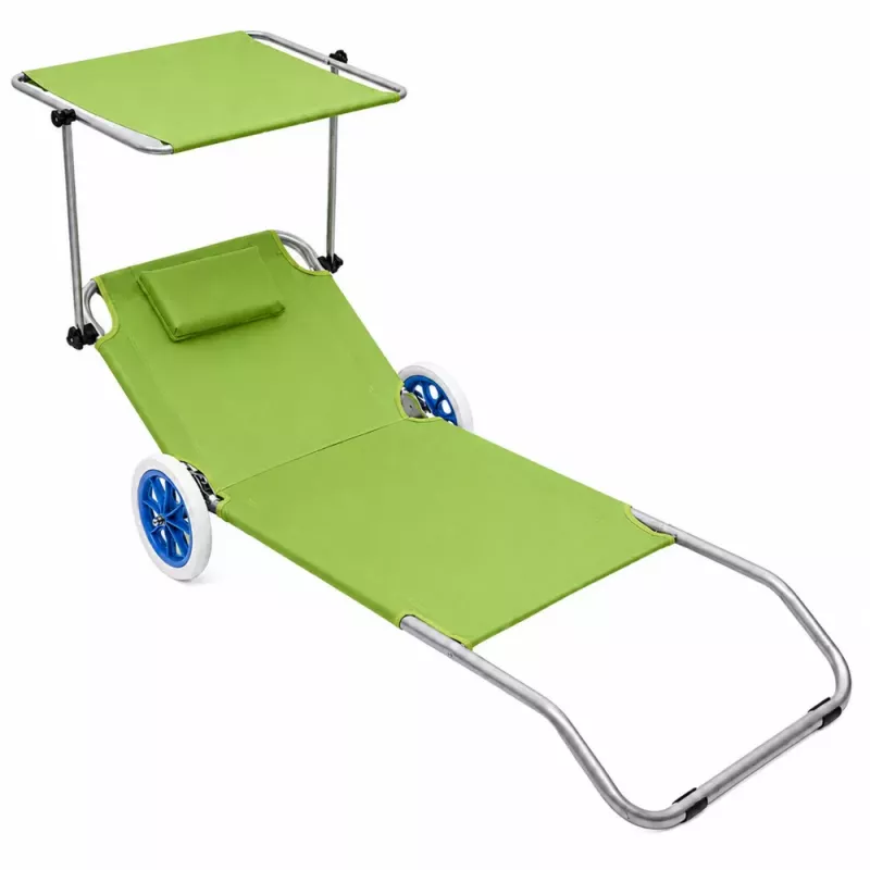 LEAN Cadeira de praia e jardim dobrável com rodas e toldo de alumínio, verde