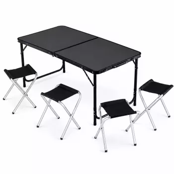 Conjunto de móveis de campismo LEAN mesa dobrável 4 bancos preto mala
