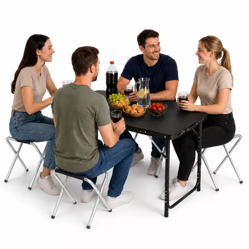 Conjunto de móveis de campismo LEAN mesa dobrável 4 bancos preto mala
