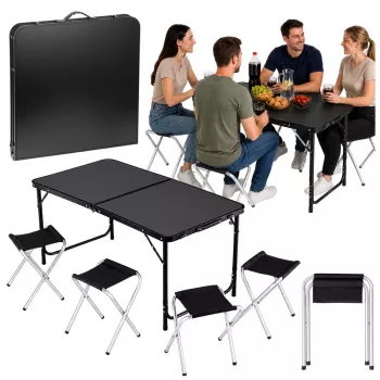 Conjunto de móveis de campismo LEAN mesa dobrável 4 bancos preto mala
