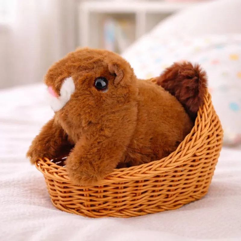 LEAN TOYS esquilo interativo de peluche em cesto, anda e faz sons, castanho