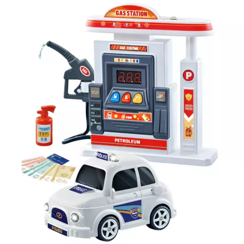 LEAN TOYS carro de polícia interativo com posto de combustível, luz, som e fumo