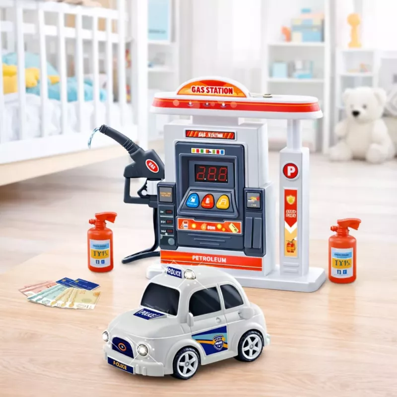 LEAN TOYS carro de polícia interativo com posto de combustível, luz, som e fumo