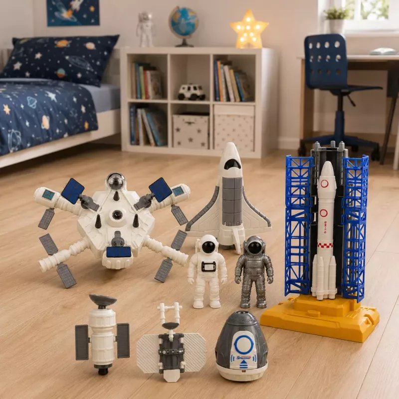 LEAN TOYS estação espacial foguetão vaivém satélites cosmonautas luzes