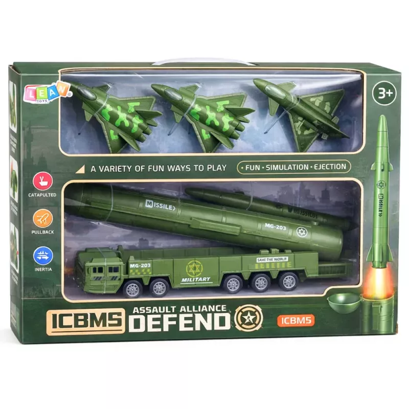 LEAN TOYS conjunto militar com camião, jatos de combate e lançador de foguetes motorizado