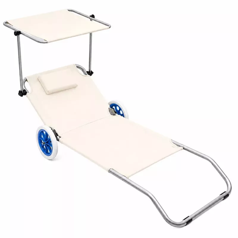 LEAN espreguiçadeira de praia com rodas, jardim, dobrável, toldo de alumínio, creme