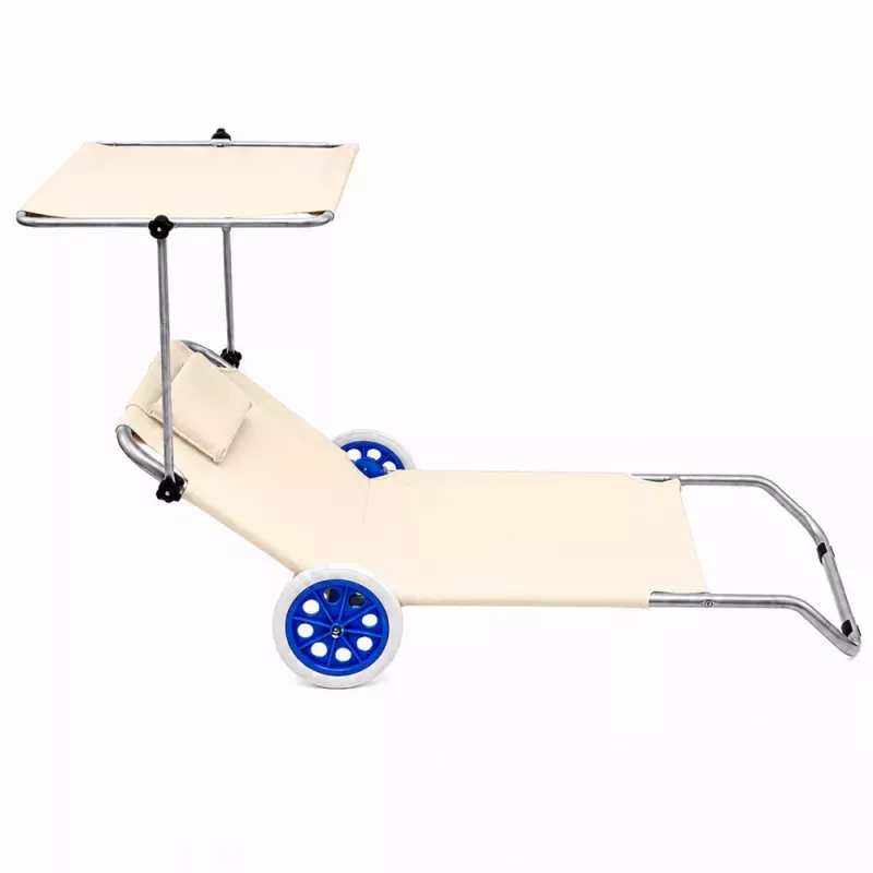 LEAN espreguiçadeira de praia com rodas, jardim, dobrável, toldo de alumínio, creme