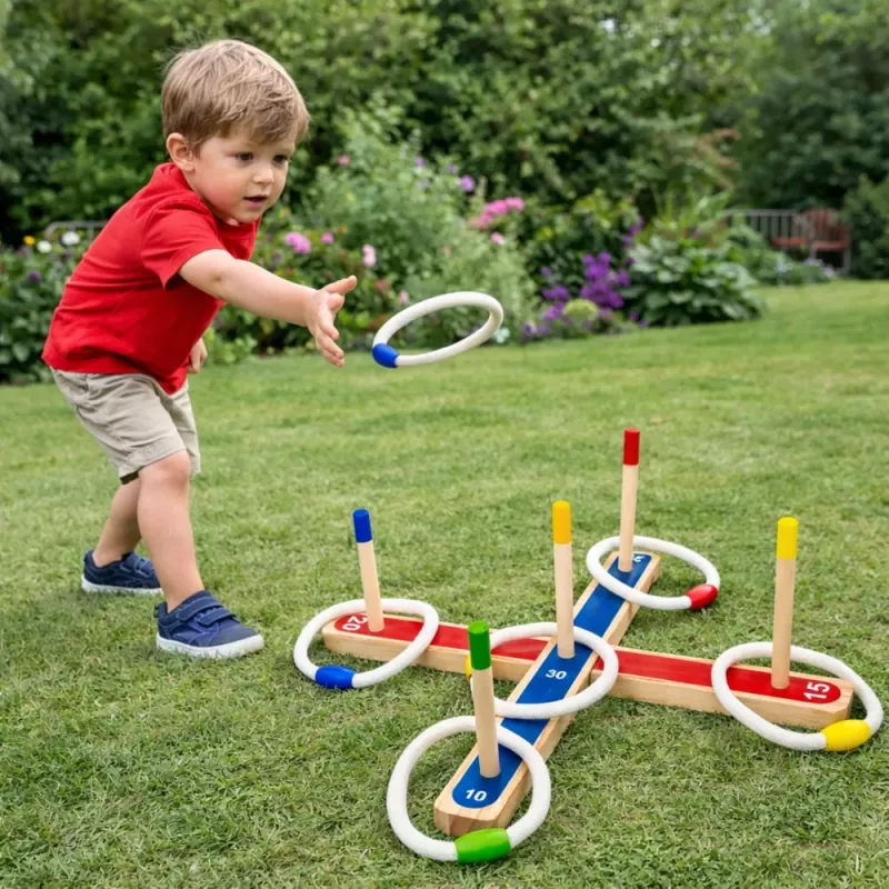 LEAN TOYS Jogo de Habilidade de Lançamento de Anéis de Madeira Jogo Familiar com Pontuação