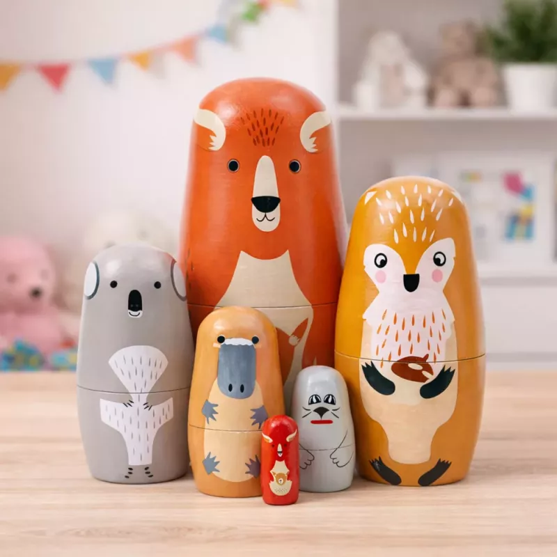 LEAN TOYS Conjunto de Bonecas Matrioska de Madeira Puzzle Animais da Floresta 6 unid.