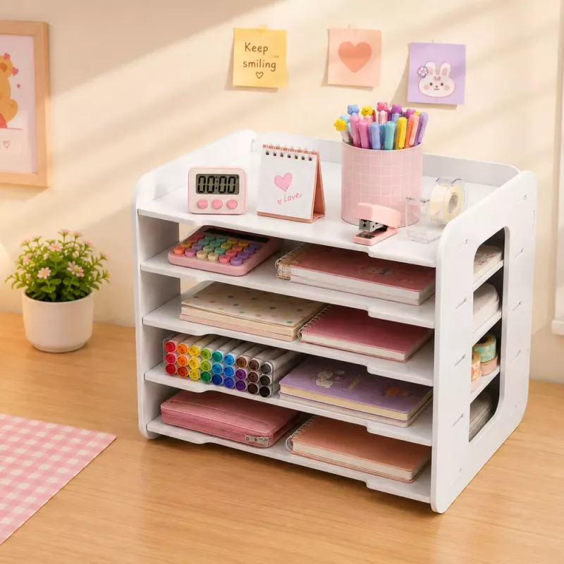 LEAN TOYS Organizador de Secretária de Madeira, Prateleiras para Documentos A4, Branco