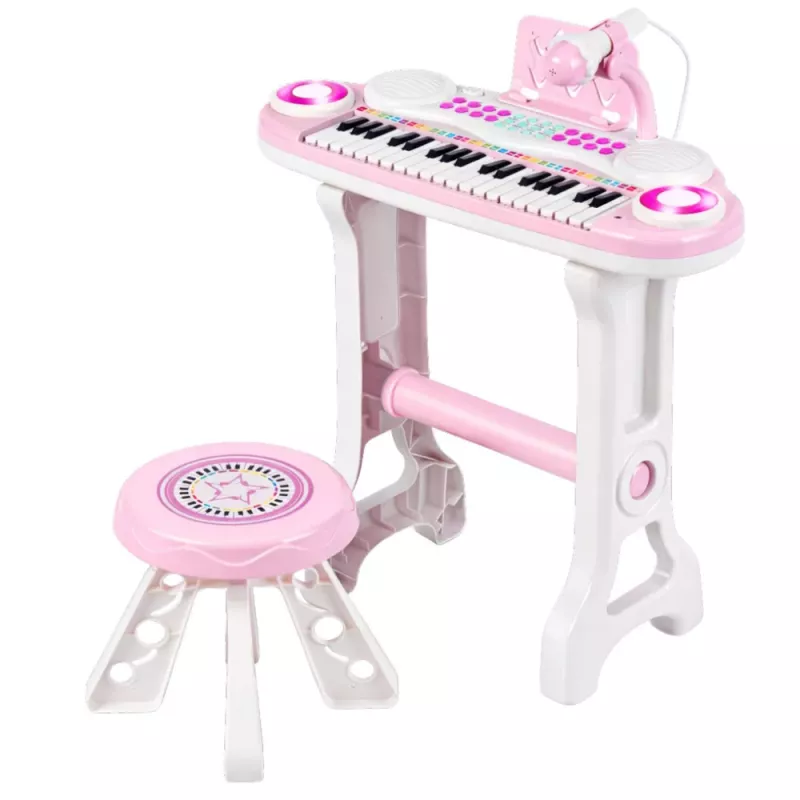 LEAN TOYS Piano Órgão Eletrónico para Crianças com Banco, Microfone, MP3 - Rosa