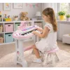 LEAN TOYS Piano Órgão Eletrónico para Crianças com Banco, Microfone, MP3 - Rosa