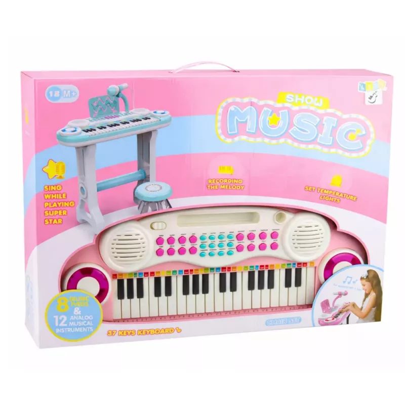 LEAN TOYS Piano Órgão Eletrónico para Crianças com Banco, Microfone, MP3 - Rosa