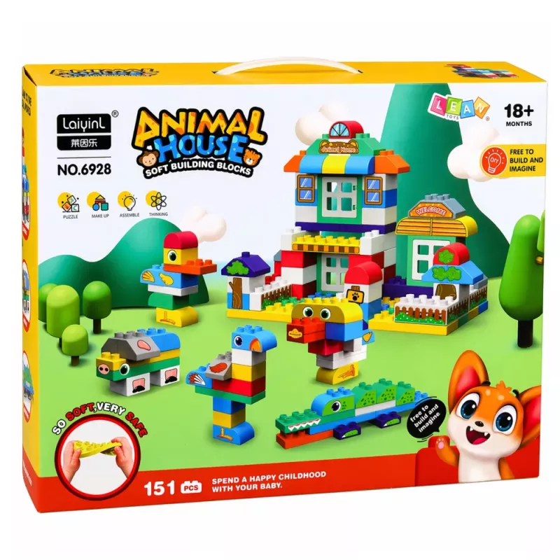 LEAN TOYS Blocos Sensoriais Macios de Silicone Casa dos Animais 151 Peças