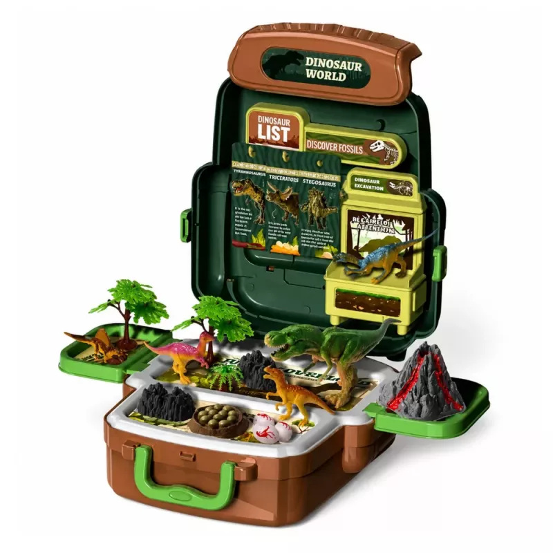 LEAN TOYS Conjunto Dinossauros em Mochila, Mala, Figuras, Cartas Educativas, Acessórios, 30 Peças