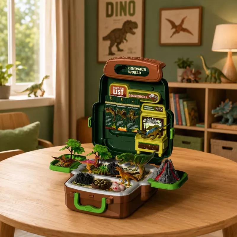 LEAN TOYS Conjunto Dinossauros em Mochila, Mala, Figuras, Cartas Educativas, Acessórios, 30 Peças