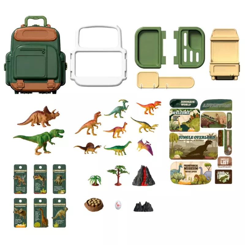 LEAN TOYS Conjunto Dinossauros em Mochila, Mala, Figuras, Cartas Educativas, Acessórios, 30 Peças