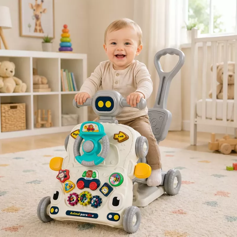 LEAN TOYS Brinquedo Educativo Interativo 5 em 1, Andarilho, Brinquedo de Empurrar, Triciclo, Trotinete, Mesa de Atividades, Cinzento