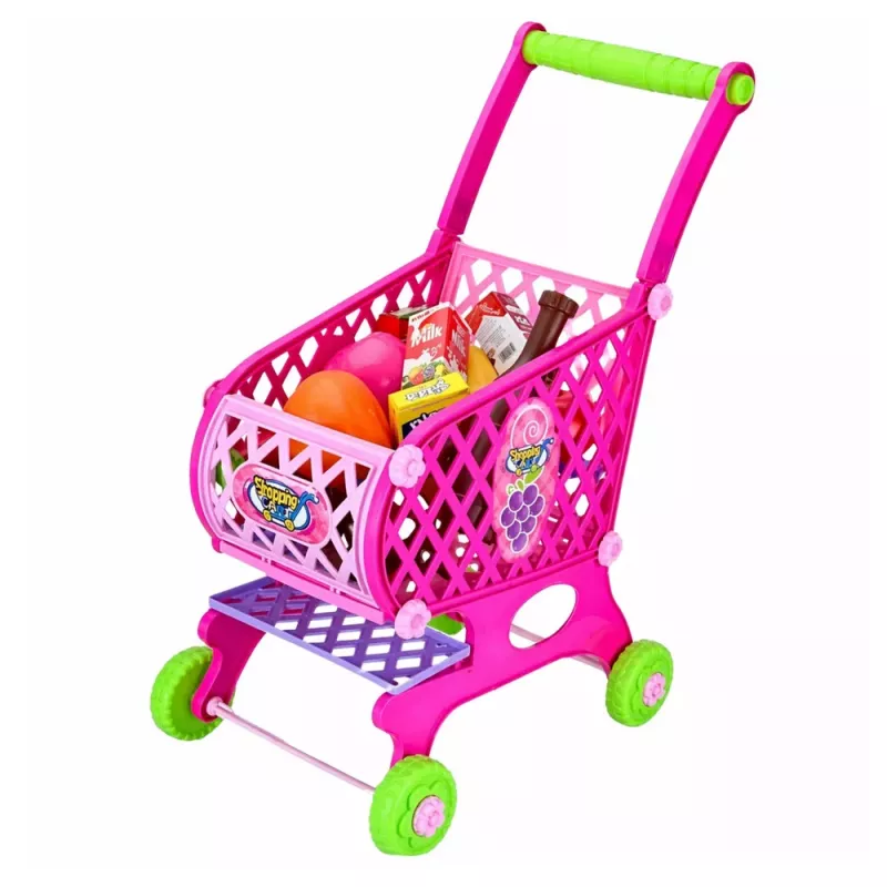 LEAN TOYS Carrinho de Compras Grande para Crianças, Alimentos, Rosa, 52 cm, 46 Peças