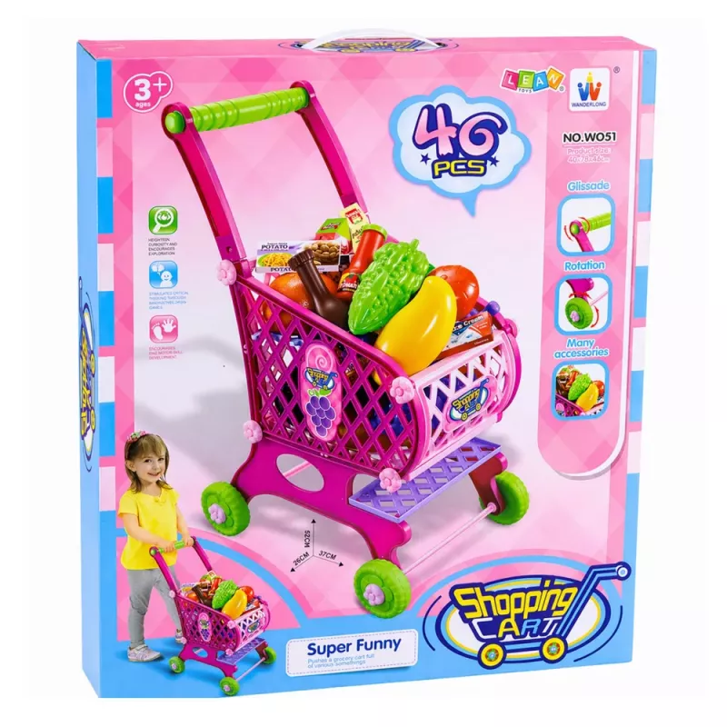 LEAN TOYS Carrinho de Compras Grande para Crianças, Alimentos, Rosa, 52 cm, 46 Peças