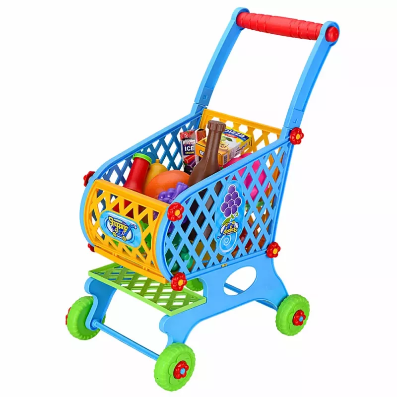 LEAN TOYS Carrinho de Compras Grande para Crianças, Alimentos, Azul, 52 cm, 46 Peças