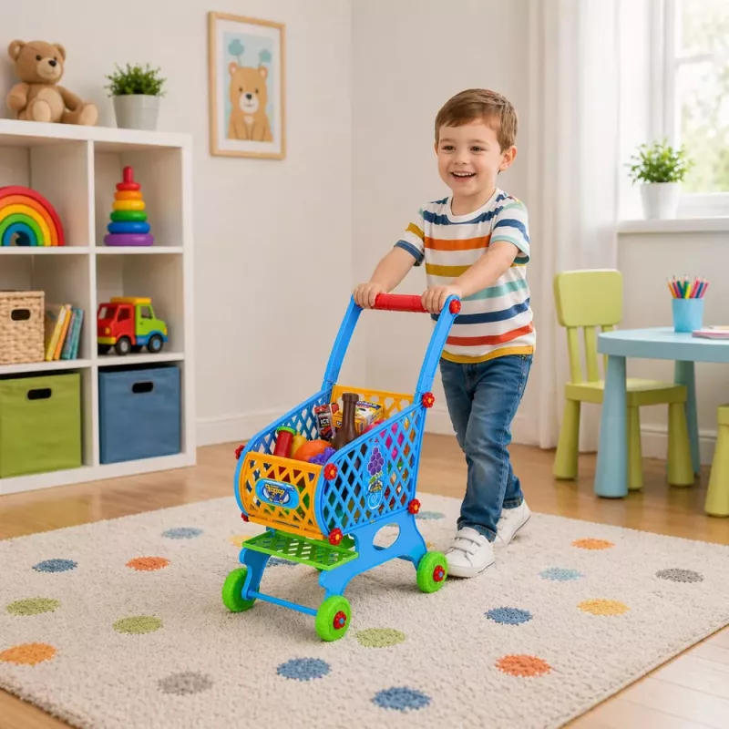 LEAN TOYS Carrinho de Compras Grande para Crianças, Alimentos, Azul, 52 cm, 46 Peças