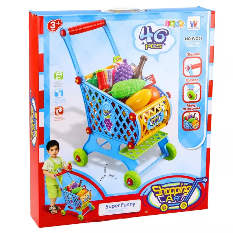 LEAN TOYS Carrinho de Compras Grande para Crianças, Alimentos, Azul, 52 cm, 46 Peças