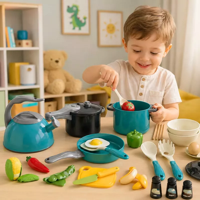 LEAN TOYS Conjunto Pequeno Chef - Panelas de Cozinha, Louça, Chaleira, Turquesa, 33 Peças