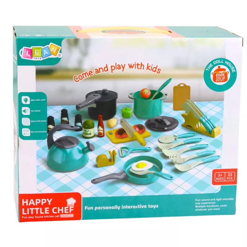 LEAN TOYS Conjunto Pequeno Chef - Panelas de Cozinha, Louça, Chaleira, Turquesa, 33 Peças