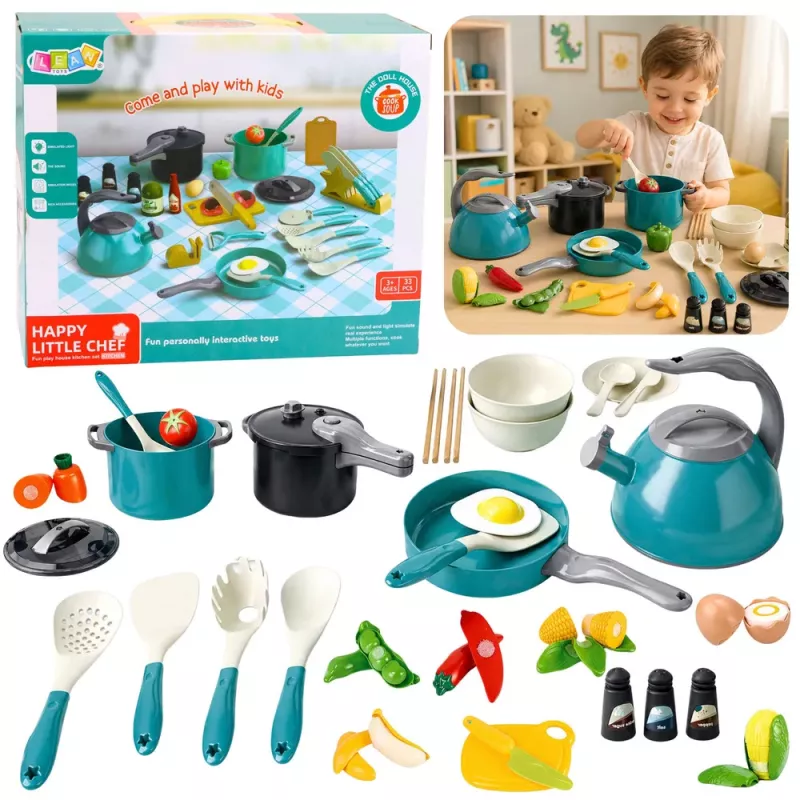 LEAN TOYS Conjunto Pequeno Chef - Panelas de Cozinha, Louça, Chaleira, Turquesa, 33 Peças