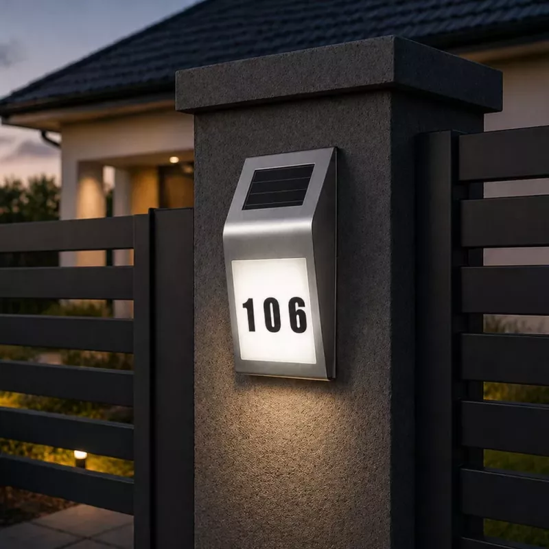 LEAN Candeeiro de Parede LED Solar com Iluminação de Números de Porta Aço Inoxidável