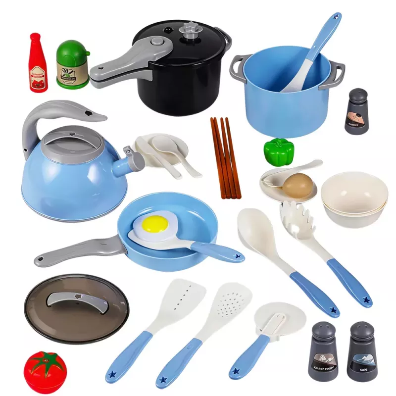LEAN TOYS Conjunto de Utensílios de Cozinha Panelas Frigideira Chaleira Acessórios Azul 32 peças