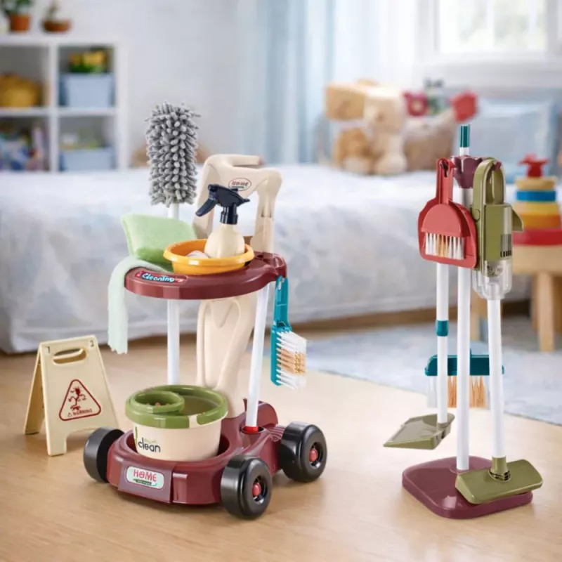 LEAN TOYS Conjunto de Limpeza para Crianças com Carrinho, Esfregona, Balde, Aspirador, 26 peças