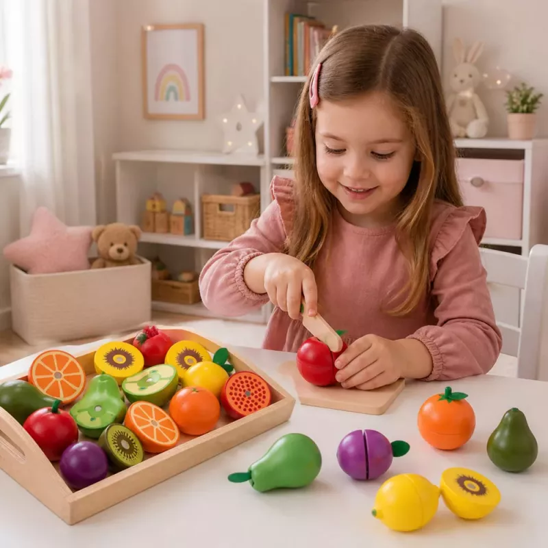 LEAN TOYS Conjunto de Corte de Frutas de Madeira com Faca Magnética Segura e Tábua