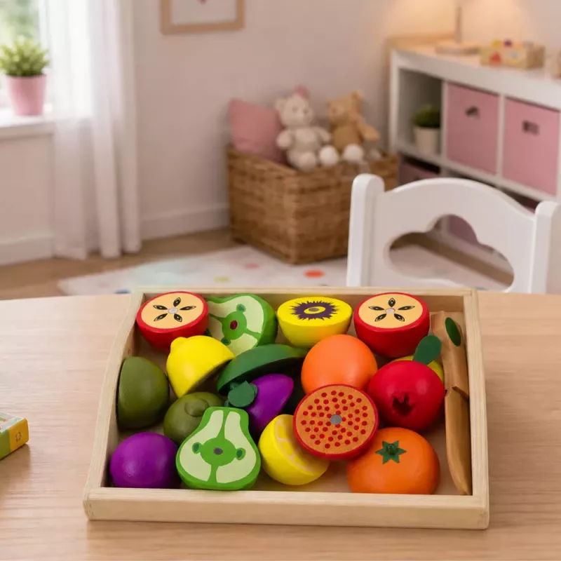 LEAN TOYS Conjunto de Corte de Frutas de Madeira com Faca Magnética Segura e Tábua