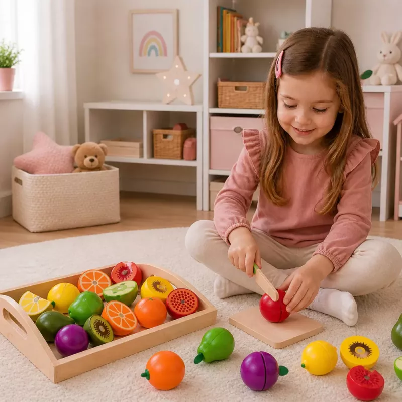 LEAN TOYS Conjunto de Corte de Frutas de Madeira com Faca Magnética Segura e Tábua