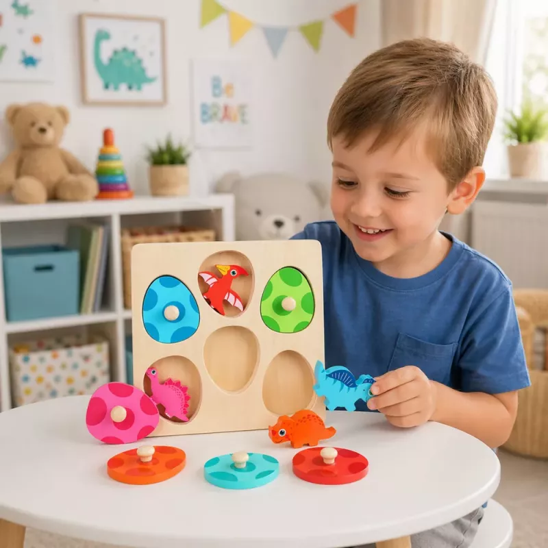 LEAN TOYS Puzzle de Madeira Dinossauros em Ovos Jogo de Memória Educativo