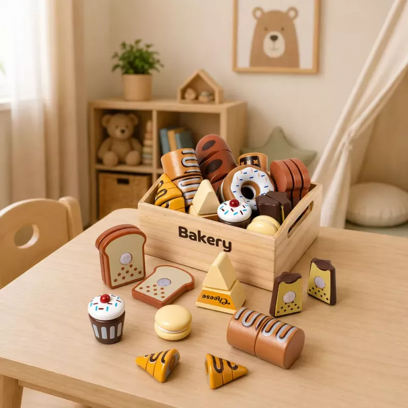 LEAN TOYS Conjunto de Mini Padaria de Madeira com Pão e Velcro em Caixa 10 unid.