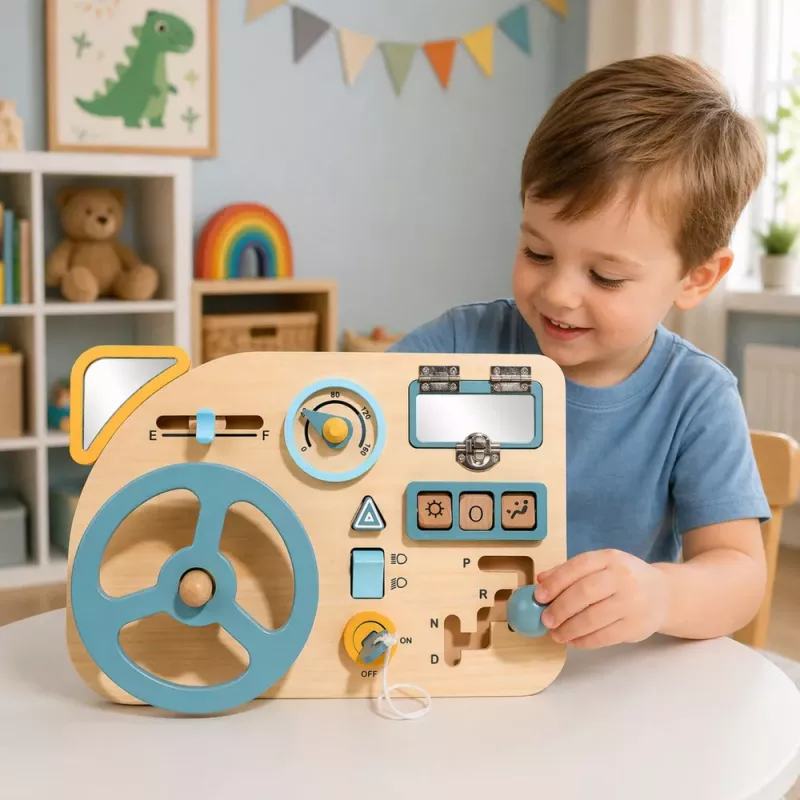 LEAN TOYS Tábua de Motricidade de Madeira Sensorial Volante Interruptores Alavancas