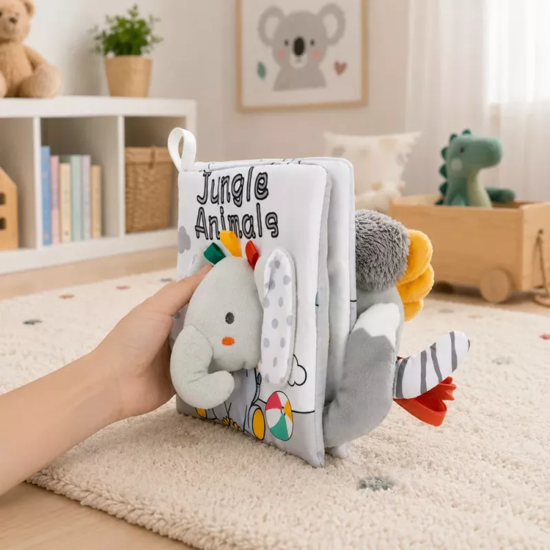 LEAN TOYS Livro Sensorial Macio com Elefante a Crepitar e a Apitar, Cinzento