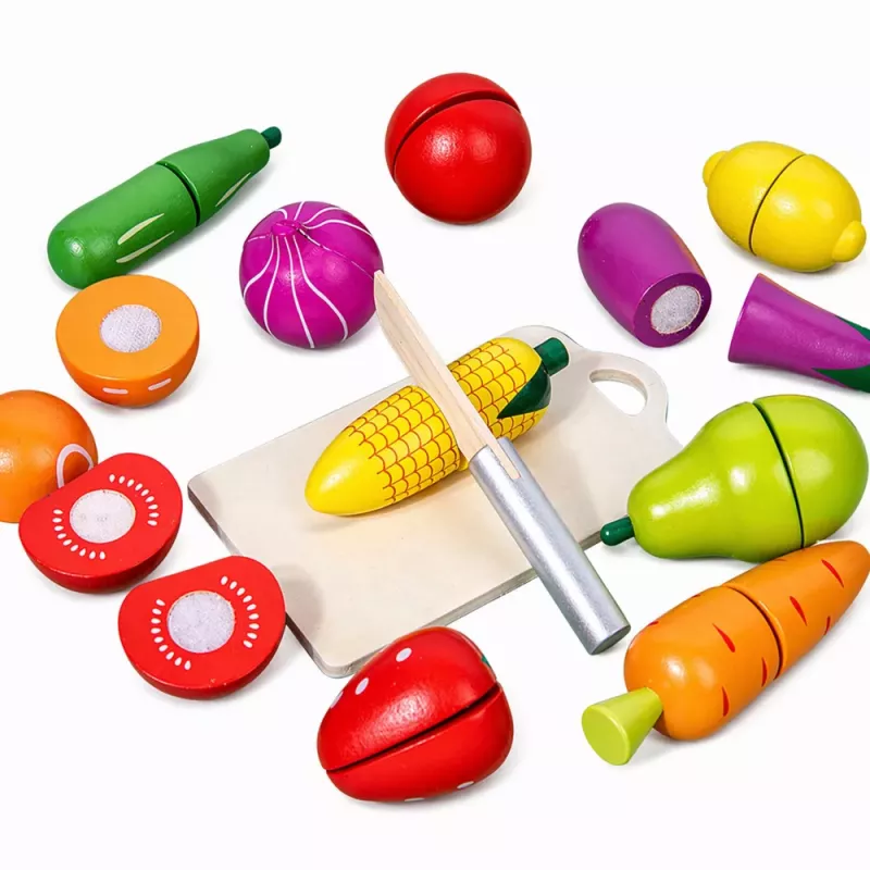 LEAN TOYS Conjunto de Tábua de Corte de Frutas e Legumes de Madeira Faca de Segurança Balde 13 peças