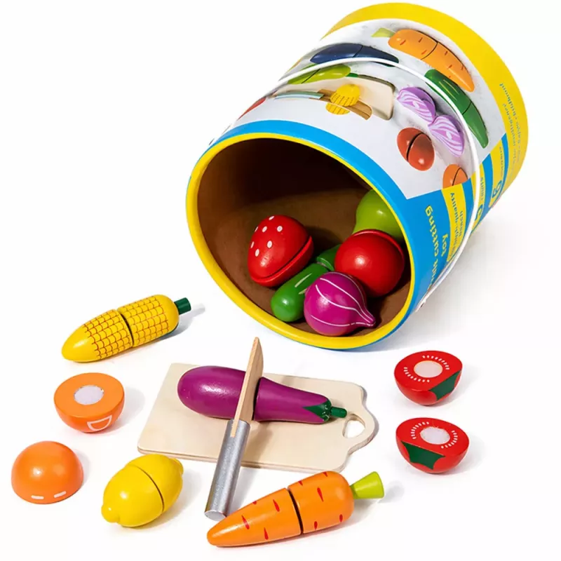 LEAN TOYS Conjunto de Tábua de Corte de Frutas e Legumes de Madeira Faca de Segurança Balde 13 peças