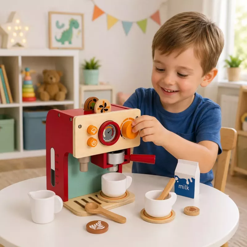 LEAN TOYS Conjunto de Máquina de Café de Madeira Pequeno Barista Taças Acessórios