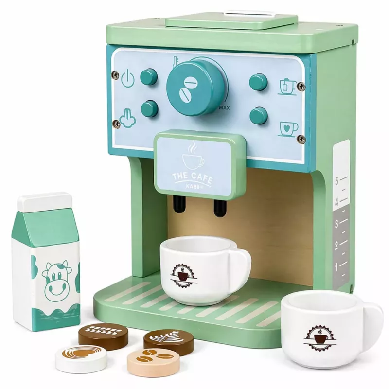 LEAN TOYS Conjunto de Máquina de Café de Madeira com Taças, Leite e Acessórios para Crianças