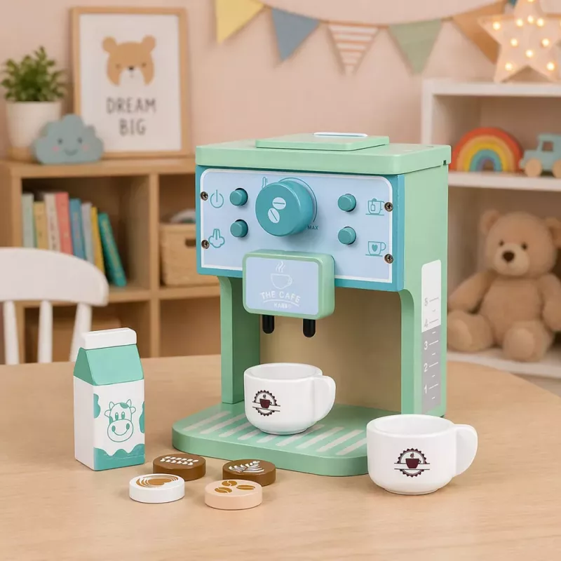 LEAN TOYS Conjunto de Máquina de Café de Madeira com Taças, Leite e Acessórios para Crianças